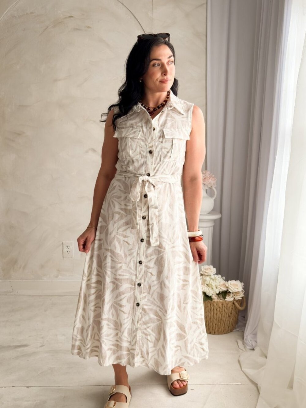 Women’s Linen Blend Midi Shirt Dress – Neutral Summer Dress - Picture 2 of 11